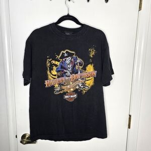 Harley-Davidson Black Tee with Fiery Skeleton Graphic Retro Bahamas Large